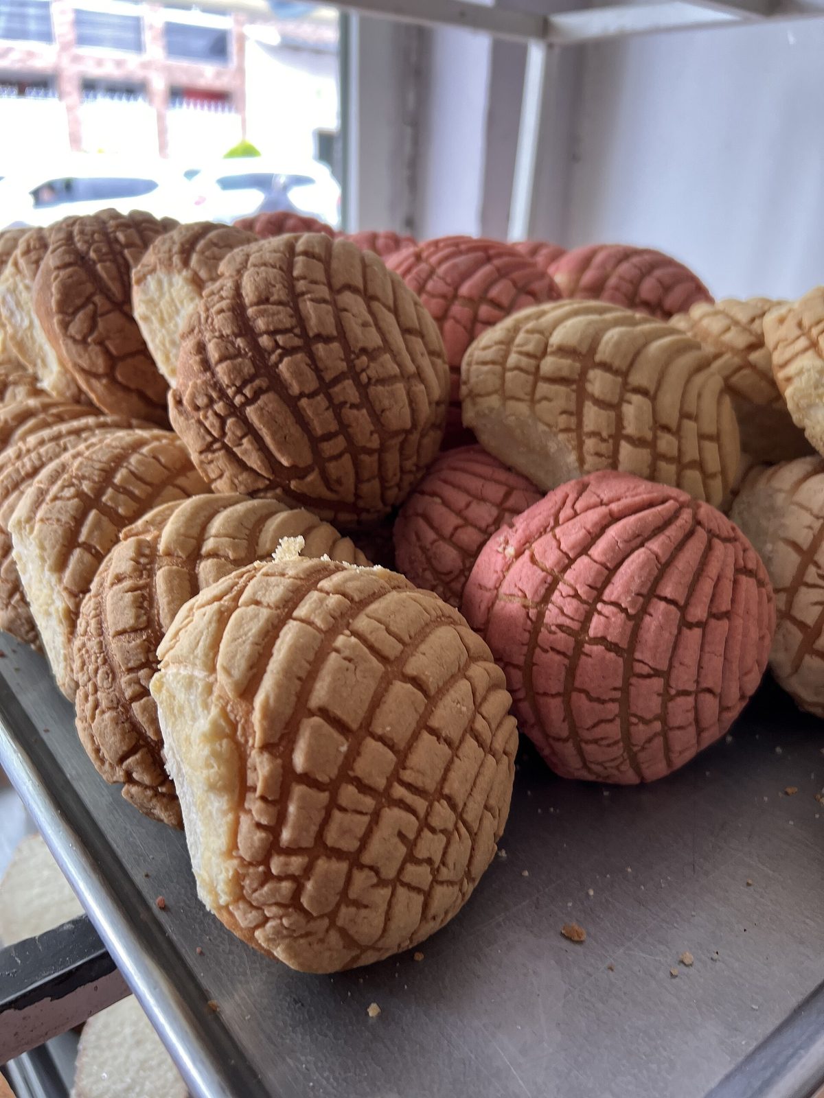 Conchas de vainilla y chocolate en la vitrina de una panadería