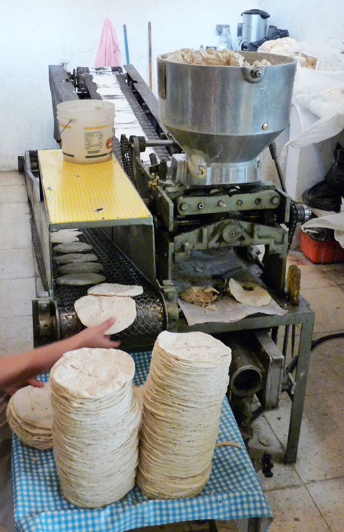 Máquina de tortillas en Xochimilco con dos pilas de tortillas